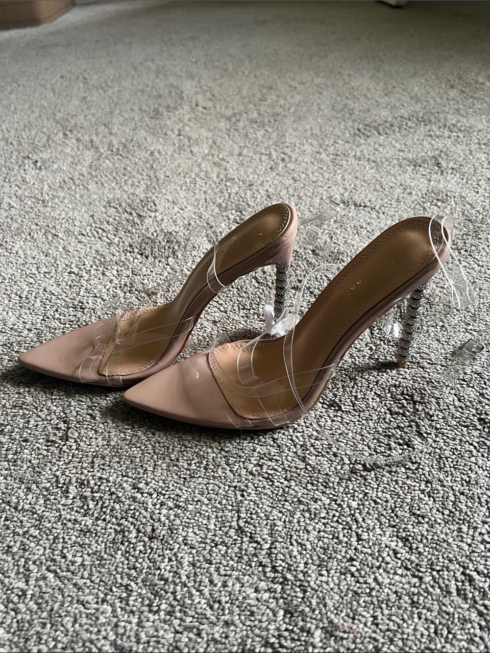 Azalea Wang Nude Clear PVC Rhinestone Heel Mules Pointed Toe Stiletto Sandals W7